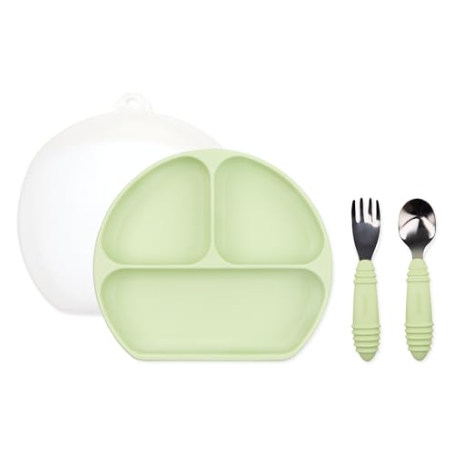 Bumkins Silicone Grip Dish 3-Section, Fork and Spoon & Silicone Lid, Green