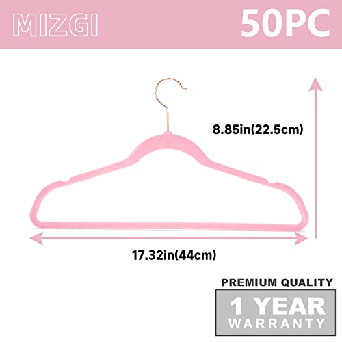 MIZGI Premium-Samt-Kleiderbügel, robust, rutschfest, Samt-Kleiderbügel, Hellrosa, Kupfer-/Roségoldhaken, platzsparend, 50 Stück