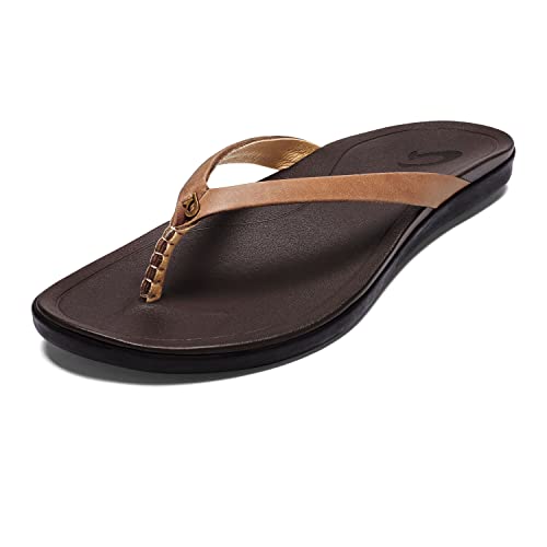 OLUKAI Ho'opio Leather Women's Beach Sandals, Full-Grain Leather Flip-Flop Slides, Modern Low Profile Design & Comfortable Fit