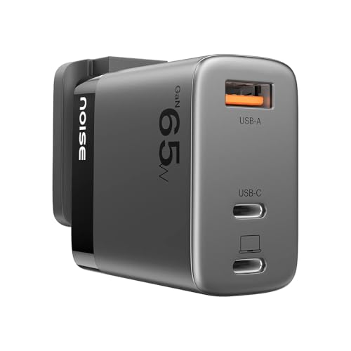 Image of Noise GaN Charger 65W: 0-50% in 27 Min, 3 Ports (2 USB-C + 1 USB-A), Fast Charger Adapter, For MacBook, Dell, HP, ASUS, iPhone, Samsung | PD 3.0, 1-Yr Warranty, Globally Compatible (Black)