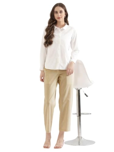 Image of SAADAA Women's Airy Linen Straight Pants | Regular Fit Trousers | Half Elasticated with Drawstrings & Buttons | 4 Pockets | Everyday & Office Wear