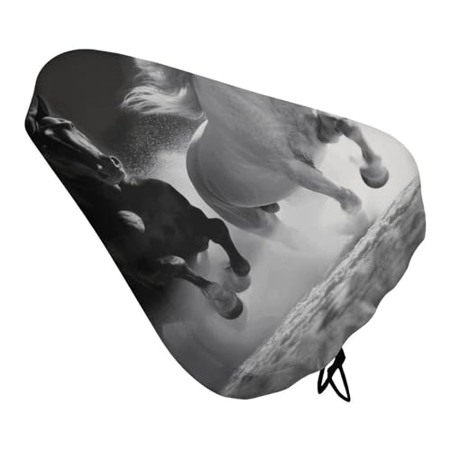 Black And White Horses Bike Seat Cover for Men Women, Waterproof & Dustproof Bike Seat Cushion with Drawstring, Adjustable Bicycle Saddle Cover for Or Rain & Sun Protection