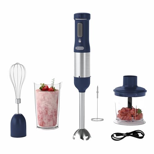 WHUTO Cordless Immersion Hand Blender, 5-in-1 Variable Speed blender handheld,Rechargeable with 2000mAh Battery, BPA-Free & Dishwasher-Safe Accessories:700ml Beaker,Chopper,Whisk & Milk Frother,Blue