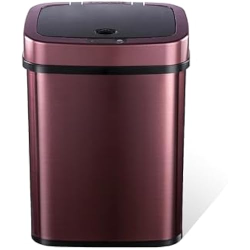 Ninestars Bedroom or Bathroom Automatic Touchless Infrared Motion Sensor Trash Can, 3 Gal 12L, Stainless Steel Base (Rectangular, Burgundy/Black Lid)