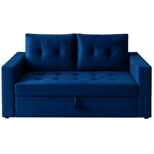 Image of Furny Treven 2 Seater Fabric Pull-Out Sofa Cum Bed (Blue) | Soft Velvet Fabric | Modern Design | Comfortable Seating | Living Room Furniture