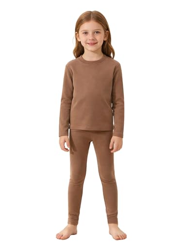 TTAO Juego de ropa interior térmica unisex para niños, camiseta interior térmica de manga larga + leggins, ropa interior funcional de esquí, ropa interior funcional de dos piezas, marrón, 158-164