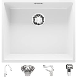 Fregadero Fibra Bajo Encimera Fregadero bajo Encimera 56 x 47 cm, Fregadero Granito Un Seno + Grifo + Sifón Clásico, Fregadero Cocina London 60 de Primagran, Blanco