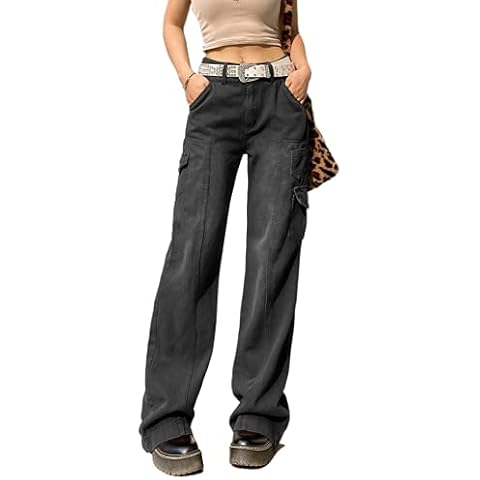Madger Women Y2k Baggy Jeans Casual High Waist Denim Pants Loose Wide Leg Straight Trousers Vintage Aesthetic E-Girl Streetwear (Black, M) Cover