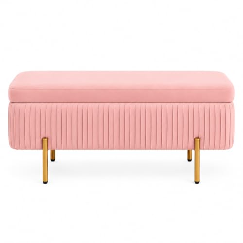 Image of Nutech Decor Velvet Upholstered Flip Top Storage Bench, 2-Seater Ottoman with Hidden Storage, Button Tufted End of Bed Bench for Bedroom, Living Room, Entryway, Hallway & Window Seating