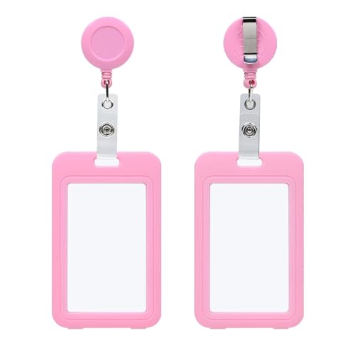Image of Pink Clear Double Sided Visualization Window Vertical Badge Holders with Retractable Round Reel Clips,Hard Plastic Protector for ID Name Card Girl Women