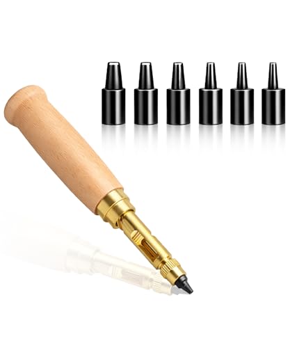 UNCO- Adjustable Leather Hole Punching Tool, 6 Sizes (1.5-4mm), Japanese Style Automatic Puncher with Wooden Handle, Hollow Hole Punch for Leather Belt, Bag, Wristband, Watch Strap, Shoe, Craft & DIY