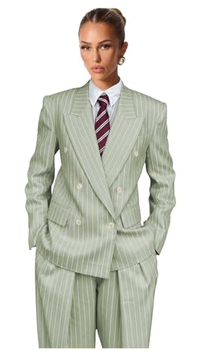 Hoawsyu Sage Green Suits for Women Plus Size 2 Piece Pinstripe Womens Suit Wedding Double Breasted Work Business Peak Lapel Suits Size 6X-Large