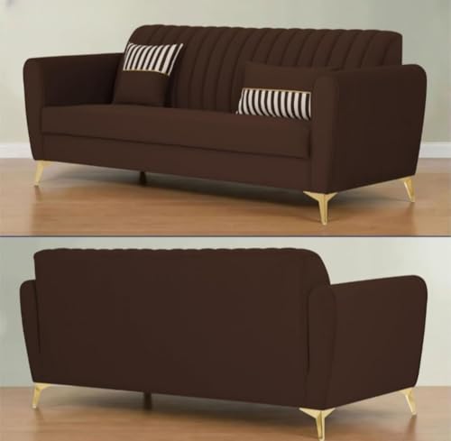 Image of MS Luxury FURNITRE Premium Luster 3-1-1 Sofa Set | Velvet Suede Fabric | 3-Year Warranty | Color Beige with Golden Legs & Striped Pattern Cushion wit Centre tabule Free (Brown, 3 seatar)