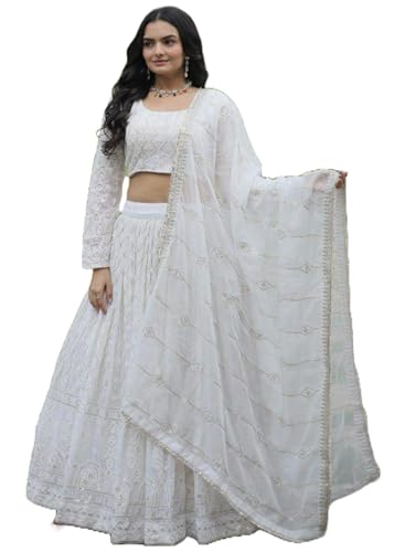 Shri Balaji Silk & Cotton Saree Emporium Blanco Georgette lentejuelas lehenga para mujer india boda Ghagra Choli 8064, Blanco, S