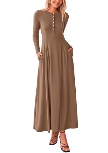 PRETTYGARDEN Maxi Dresses for Women 2025 Fall Casual Long Sleeve Button Fit and Flare Long Flowy Going Out Dress (Dark Khaki,Medium)
