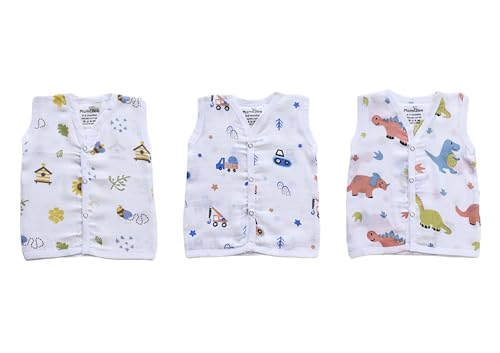 Image of MamaBee Organic Cotton Muslin Button Jabla | Printed Jabla | for Boys & Girls | Soft & Comfortable Baby Products | Sleeveless Vest | Snap Button Jabla | Assorted Pack of 3 | Size - 0-3 Month