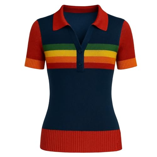 Women's Knit Polo Shirts Short Sleeve, 1960s Retro Colorful Stripe Red and Dark Blue Casual Tops with Button