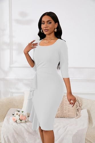 Image of Womens 1950s Vintage Bodycon Dress 3 /4 Sleeve Square Neck Cocktail Pencil Sheath Midi Dress Elegant