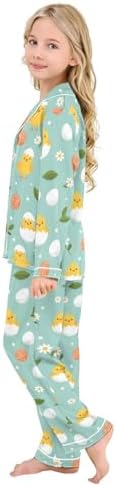 Satin Pajama Sets Long Sleeve Chick Eggs Flowers Leaves Button Down Silky Nightwear 2 Piece PJS 5-14Y,