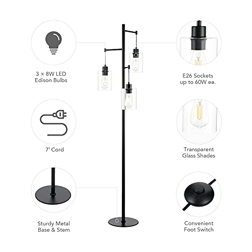 VONLUCE Black Floor Lamp with Multiple Lights, Farmhouse Stand Lamp for Living Room Rustic Farmhouse Style Multi Tree Lights, Modern Industrial Lamp for Bedroom Office Reading Glass Shades 3 Lights