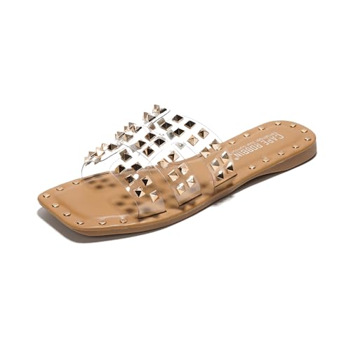 Cape Robbin Women's Gold Spike Studded Slide Sandals - Open Toe Slip On Lightweight Comfort for Beach Pool (Amisha)