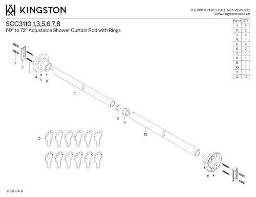 Kingston Brass SCC3117 Edenscape 60"-72" Stainless Steel Adjustable Tension Shower Curtain Rod with Rings, Brushed Brass by Kingston Brass - Image 2