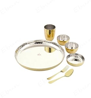 Ebun Heavy Gauge Stainless Steel Hammered Dinner Set | Gold PVD Plated Steel Thali Set | Stainless Steel Dinner Set for Kitchen | Thali Set for Dinner | Pack of 1 | 7 Pieces | Gold PVD Plated