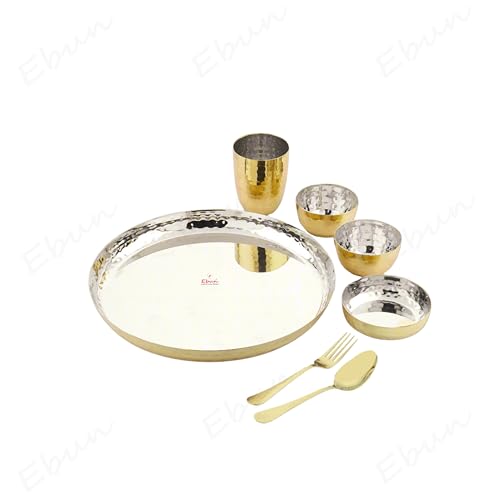 Ebun Heavy Gauge Stainless Steel Hammered Dinner Set | Gold PVD Plated Steel Thali Set | Stainless Steel Dinner Set for Kitchen | Thali Set for Dinner | Pack of 1 | 7 Pieces | Gold PVD Plated