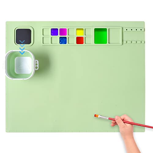 Image of AWOKE Silicone Painting Mat - 20"X16" Silicone Art Mat with 1 Water Cup for Kids - Silcone Craft Mat has12 Color Dividers - 2 Paint Dividers (Green)