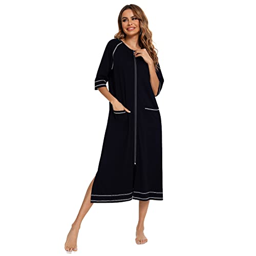 Artfasion Women Zipper Robe 3/4 Sleeves Cotton Robes Long Sleepwear With Pockets Bathrobe Loungewear Nightgown #TOP2