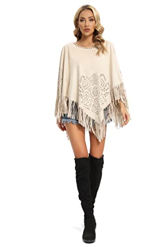 Datangep Fashion Women's Faux Suede Laser Cut Triangle Stoles Cape Shrug Scarf With Tassel Shawls4