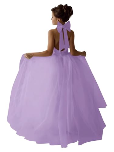 Tulle Flower Girl Dress for Wedding Kids Halter Sleeveless Satin Bowknot Long Princess Pageant Prom Party Ball Gowns