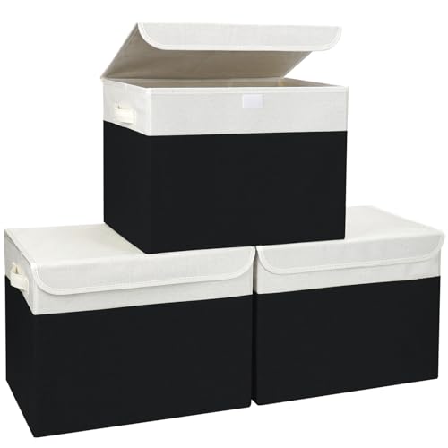 Large 17" 42 Quarts Collapsible Stackable Storage Bins with Lids [3-Pack] Foldable Fabric Linen Storage Boxes Cube, Closet Organizer Baskets with Label for Home (16.7 x 12 x 12, Black & White)