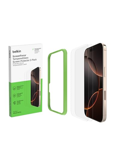 Belkin ScreenForce TemperedGlass Treated Screen Protector for iPhone 16 Pro - Slim & Scratch-Resistant Impact Protection with Easy Align Tray for Bubble Free Application Recycled Glass - 2 Pack