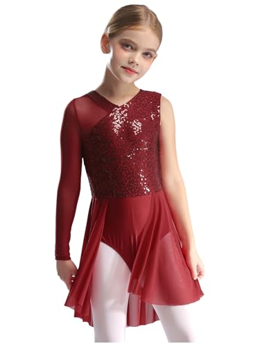 Jhaoyu Vestido de baile de lentejuelas para niña, manga larga, sin mangas, para gimnasia, brillante, con falda de gasa, tango rumba, traje de baile, granate, 170