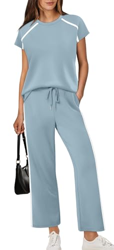 XIEERDUO Summer Outfits for Women Crew Neck Cap Sleeve Tops Wide Leg Panst 2 Piece Sets for Women Travel Airport Outfits Light Blue S