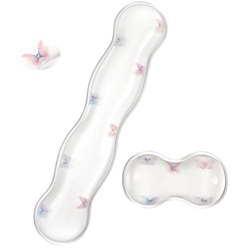 Gel Keyboard and Mouse Wrist Rest Set – Clear Wrist Rest for Computer Keyboard 60%/68%/75%, Comfort & Support for Typing and Gaming (Cute Butterfly)