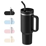 LEIKEEGO Travel Mug Coffee Cup, 1200ml/40oz Tumbler with Straw and Lid, Stainless Steel Double Wall Vacuum Insulated Coffee Cup with Handle-Keeps Cold for 24H-Hot for 12H(Black)