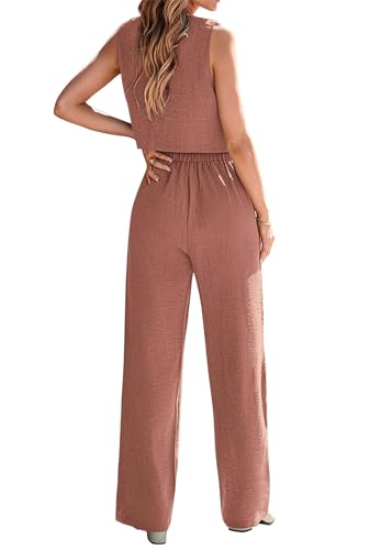 KIRUNDO Two Piece Outfits for Women Summer Sets 2026 Trendy Button Crop Vest Wide Leg Pantsuit Matching Set Spring Fashion Clothes(Dark Pink, X-Large) — view 2
