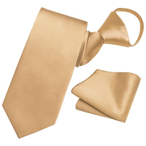 Image of YourTies Zipper Tie for Men Adjustable Pre-tied Satin Neckties and Pocket Square Set Solid Color Business Formal Wedding