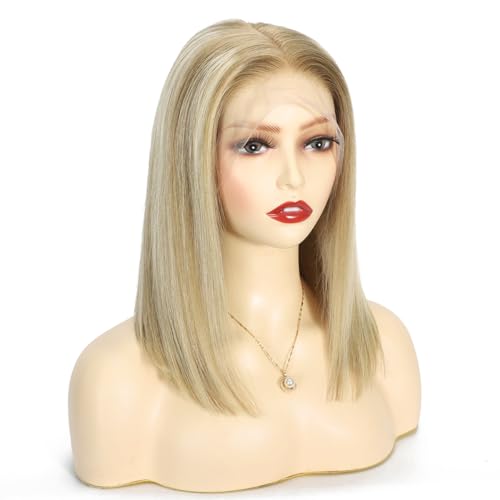 Larafona Peluca de pelo humano Bob Rubio sin pegamento, peluca de encaje completo corto, pelo humano 100% Remy P18/613# 12 pulgadas/30 cm