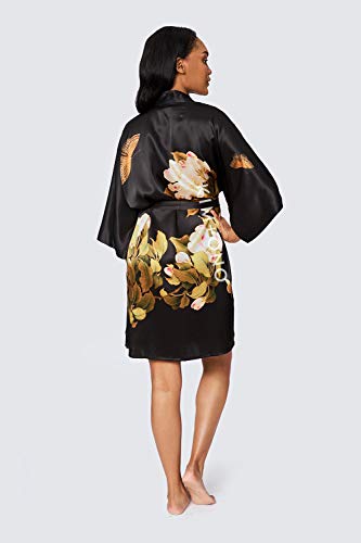 KIM+ONO 100% Mulberry Washable Silk Kimono Robe Short - Floral Print, Peony & Butterfly - Black - Image 5