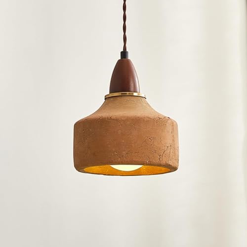 Japanese Terracotta Pendant Light with Wood Accent, Rustic Small Hanging Lamp Vintage Earthy...