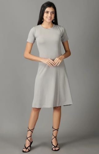 Image of SHOWOFFFF Women Embellished A-Line Party Dress | Round Neck Half Sleeves Jersey Dress for Womens | Knee Length Dress for Women's