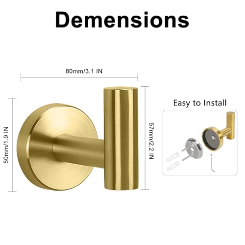 NearMoon Bath Towel Hooks- SUS 304 Stainless Steel Robe Hook Holder, Heavy Duty Coat Hook for Bathroom Livingroom Hotel Kitchen Garage, Wall Mounted (Brushed Gold, 4 Pack)