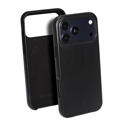Wilken Leather Slim Phone Case Compatible with iPhone 17 Pro Max | Compatible with MagSafe & Wireless Charging | Premium Top-Grain Leather Cover with Metal Buttons (17 Pro Max, Black, Open Camera) by W WILKEN - Used condition - US$18.07
