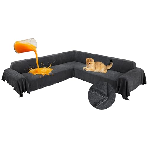 ROFASVCO 1OO% Waterproof Corner Sectional Couch Covers L Shape Chenille Sectional Sofa Cover with Tassel Soft Thick Washable Sofa Slipcover Furniture Protector for Dogs Pets (91" x 252",Charcoal Grey)
