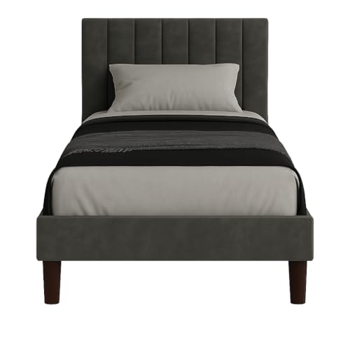 Image of Wooden Upholstered Bed Single Size Without Storage | Wrought Iron Single Size Cot with Headboard | Upholstered Bed for Bedroom | Palang Furniture for, Living Room, Grey Finish, (Grey Finish)