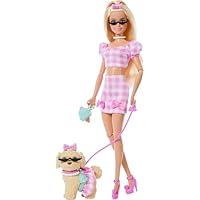 Barbie Twinning Looks Doll with Pet Dog in Matching Pink Gingham Clothes and Accessories for Both like Sunglasses, Necklaces and Bows, Blonde, JFP36