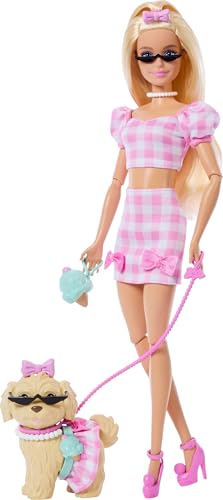 Barbie Twinning Looks Muñeca con perro mascota con ropa de vichy rosa a juego y...